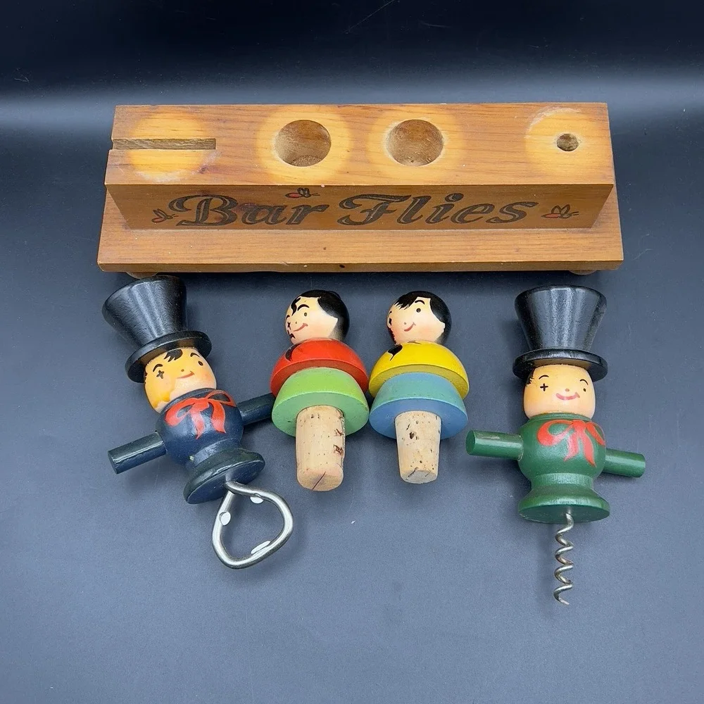 VTG Barware Wooden 'Bar Flies' Bar Caddy w/4 Tools 10